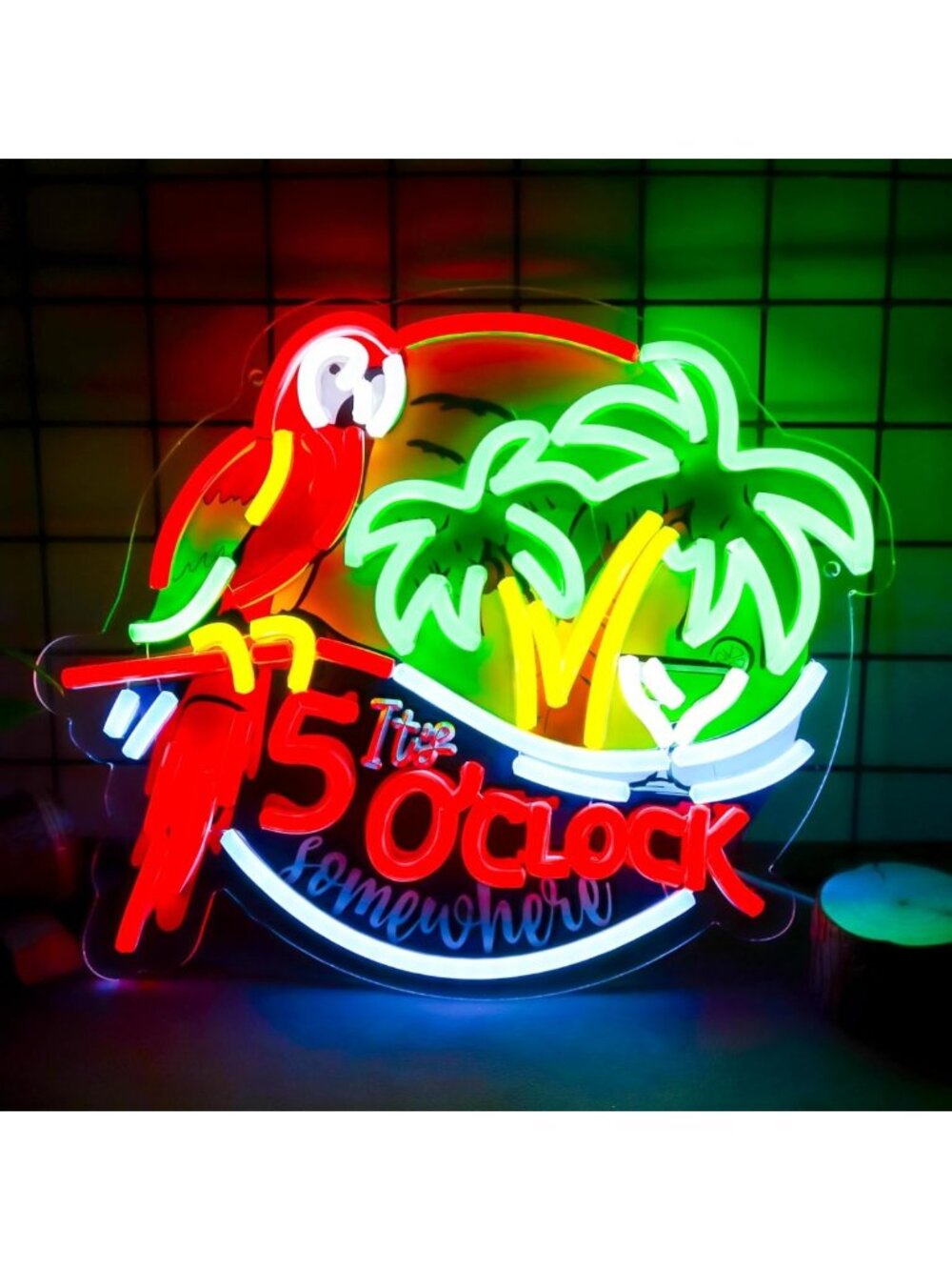 Neon Parrot Wall Art Sign - 5 O'Clock Somewhere Decor for Bar, Pub, Game Room
